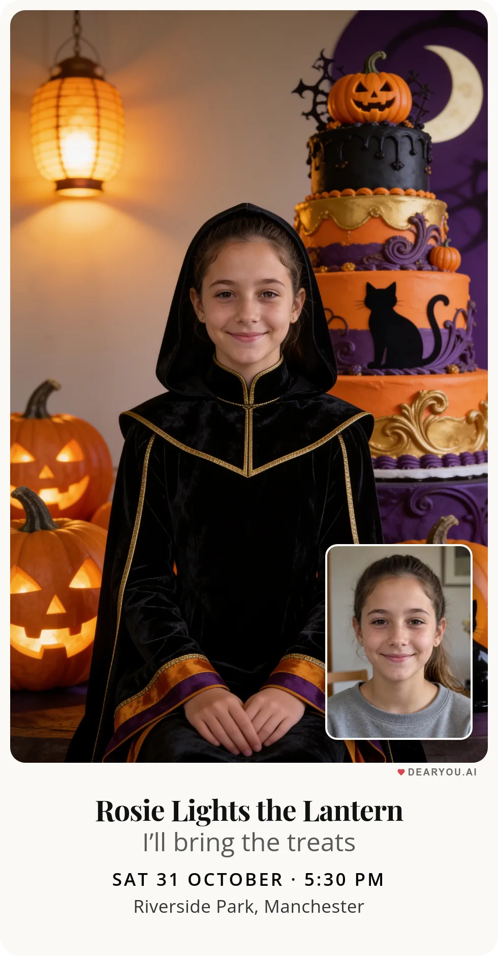 Personalised kids birthday invitation, a girl searching for her black cat among pumpkin lanterns theme