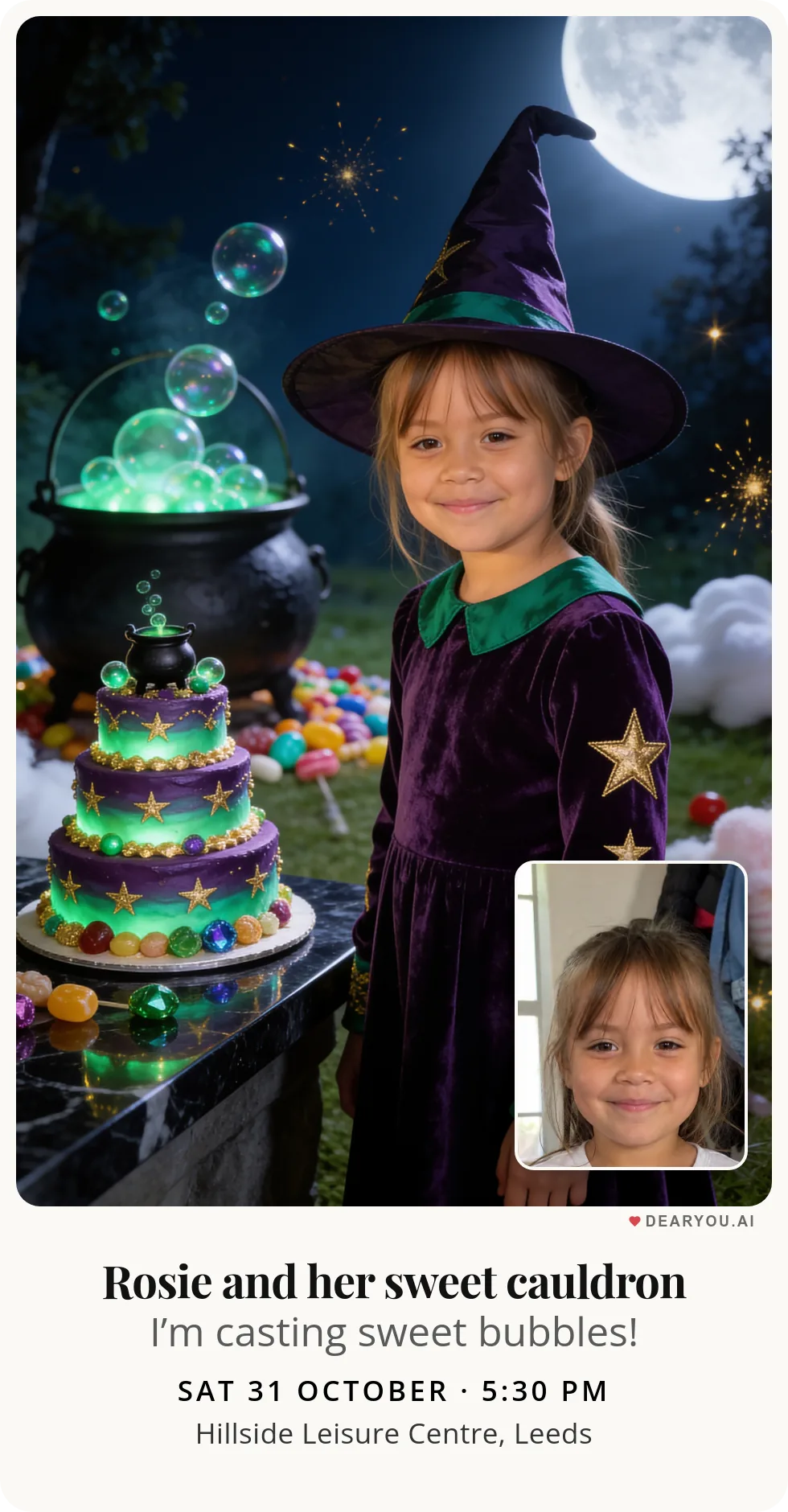 Personalised kids birthday invitation with the child's name and age, a bubbling sweet cauldron under the full moon theme
