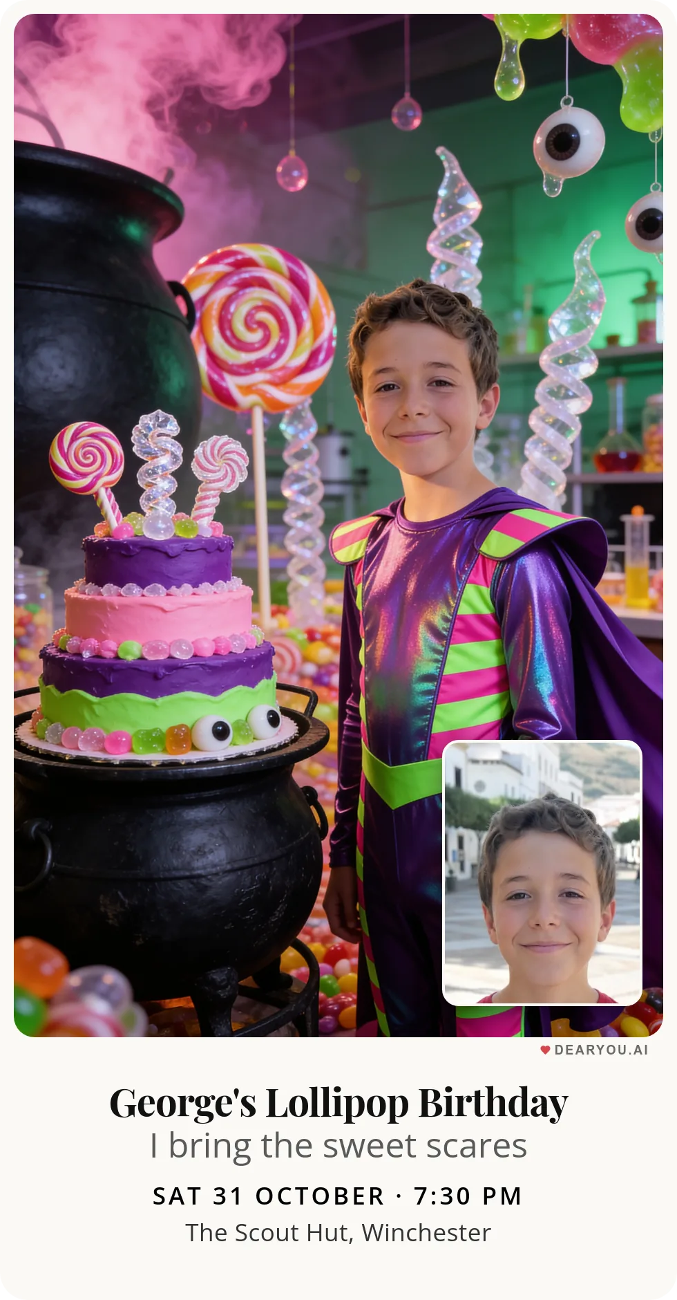 Personalised kids birthday invitation with the child's name and age, a cauldron of lollies and jelly eyeballs theme