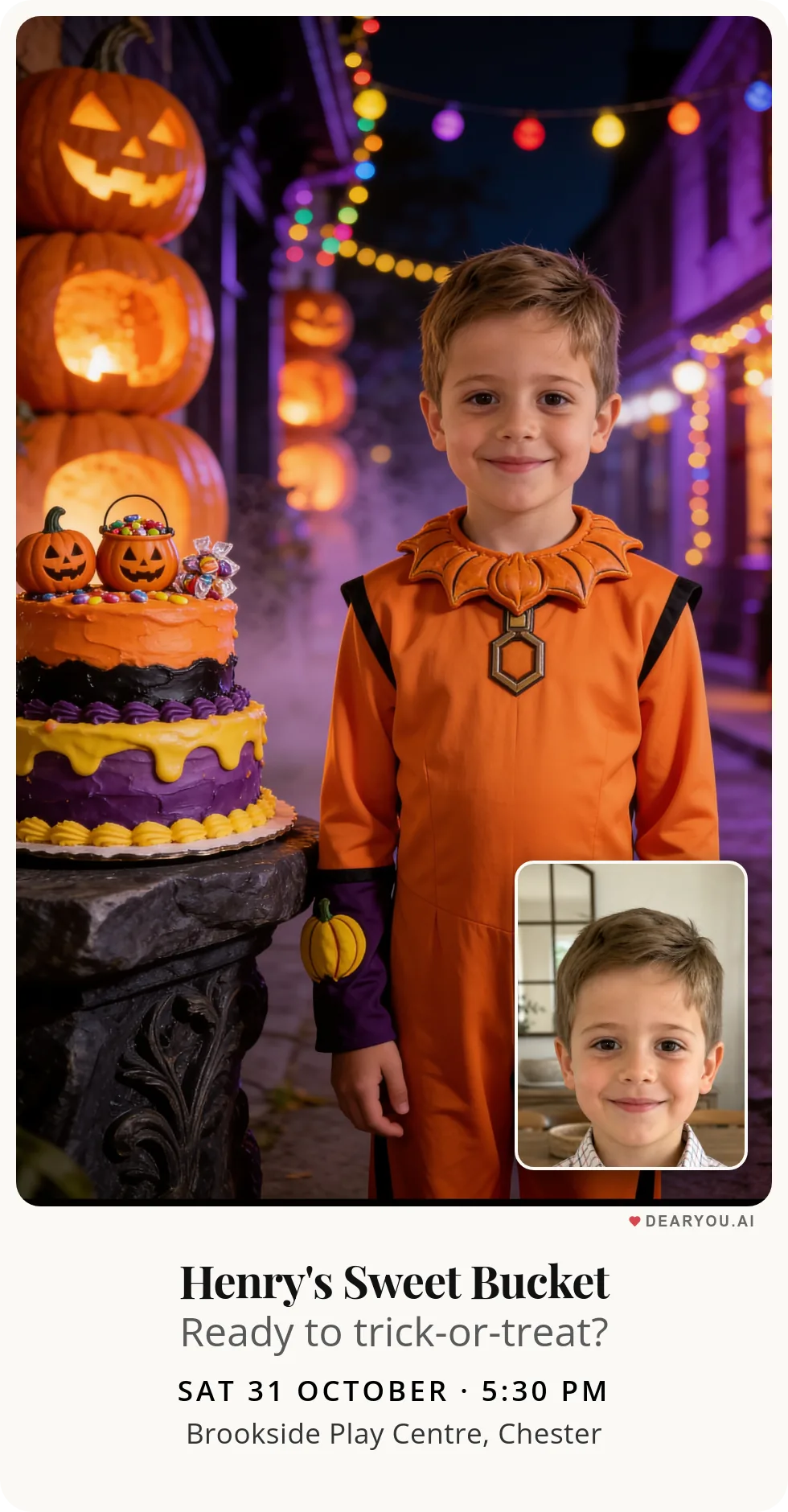 Personalised kids birthday invitation with the child's name and age, a trick-or-treat bucket full of sweets theme