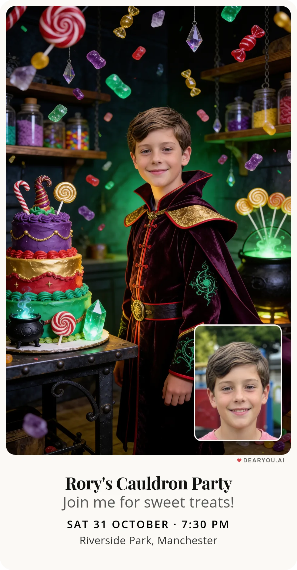 Personalised kids birthday invitation with the child's name and age, sweets raining into a magic cauldron theme