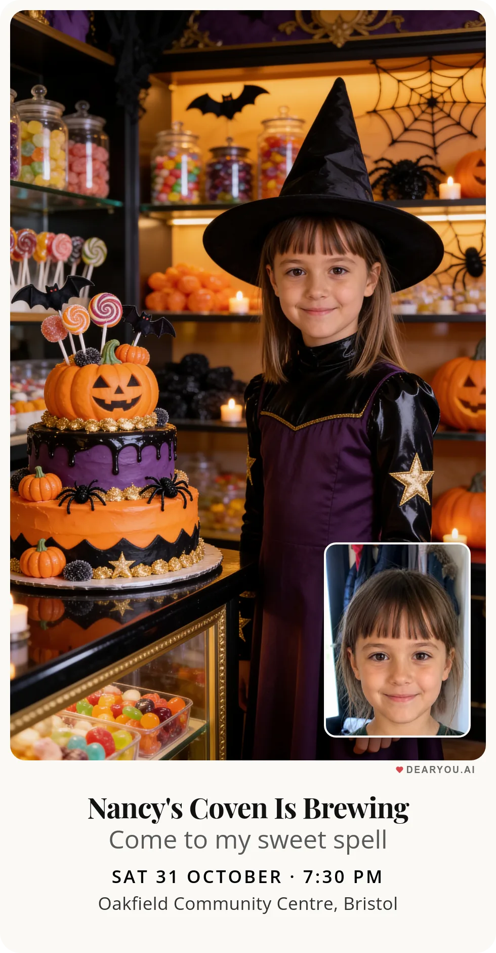 Personalised kids birthday invitation with the child's name and age, an enchanted Halloween sweet shop theme