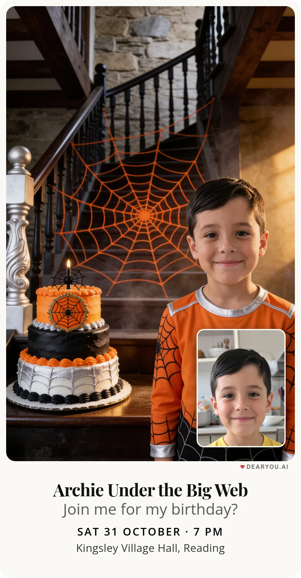 Personalised kids birthday invitation with the child's name and age, a huge orange cobweb over the staircase theme
