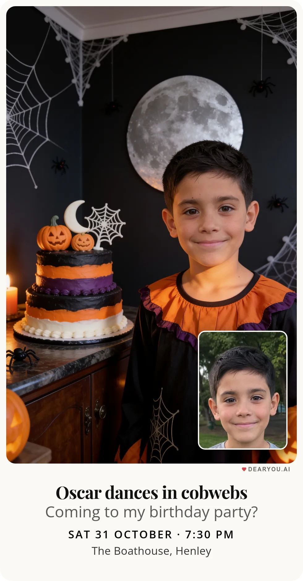 Personalised kids birthday invitation with the child's name and age, a Halloween bedroom covered in cobwebs theme
