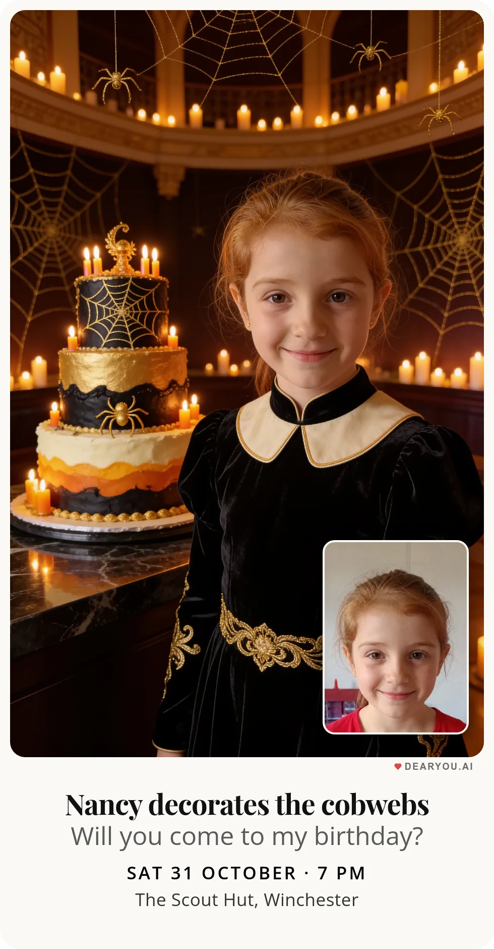 Personalised kids birthday invitation with the child's name and age, golden cobwebs by candlelight theme