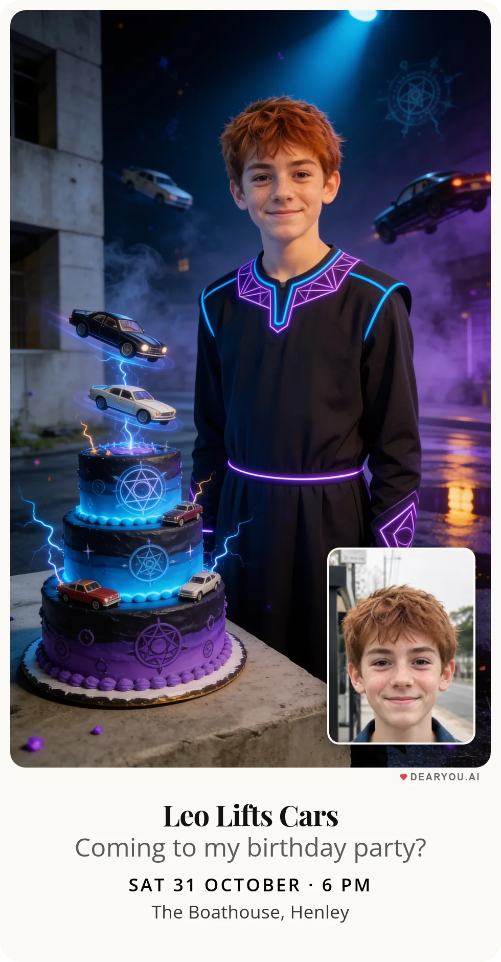 Personalised kids birthday invitation with the child's name and age, urban sorcerer lifting cars in the street theme