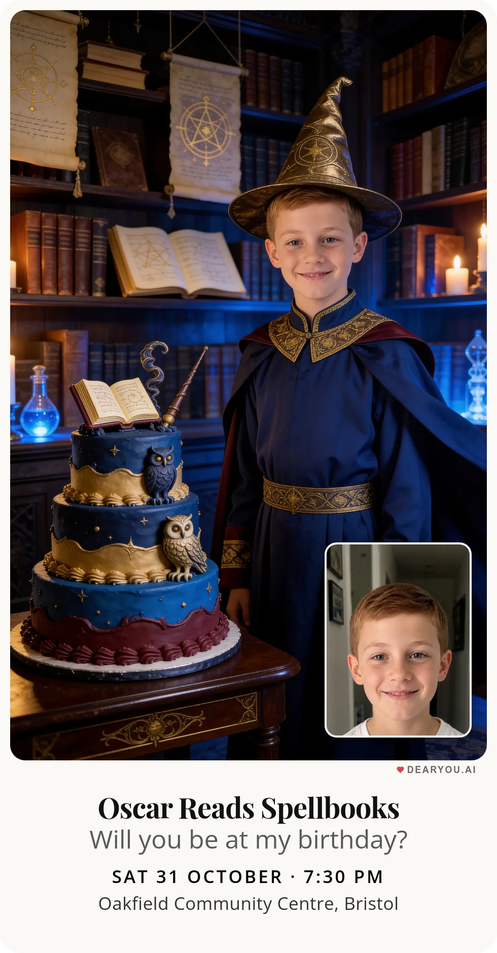 Personalised kids birthday invitation with the child's name and age, medieval wizard in the spell library theme