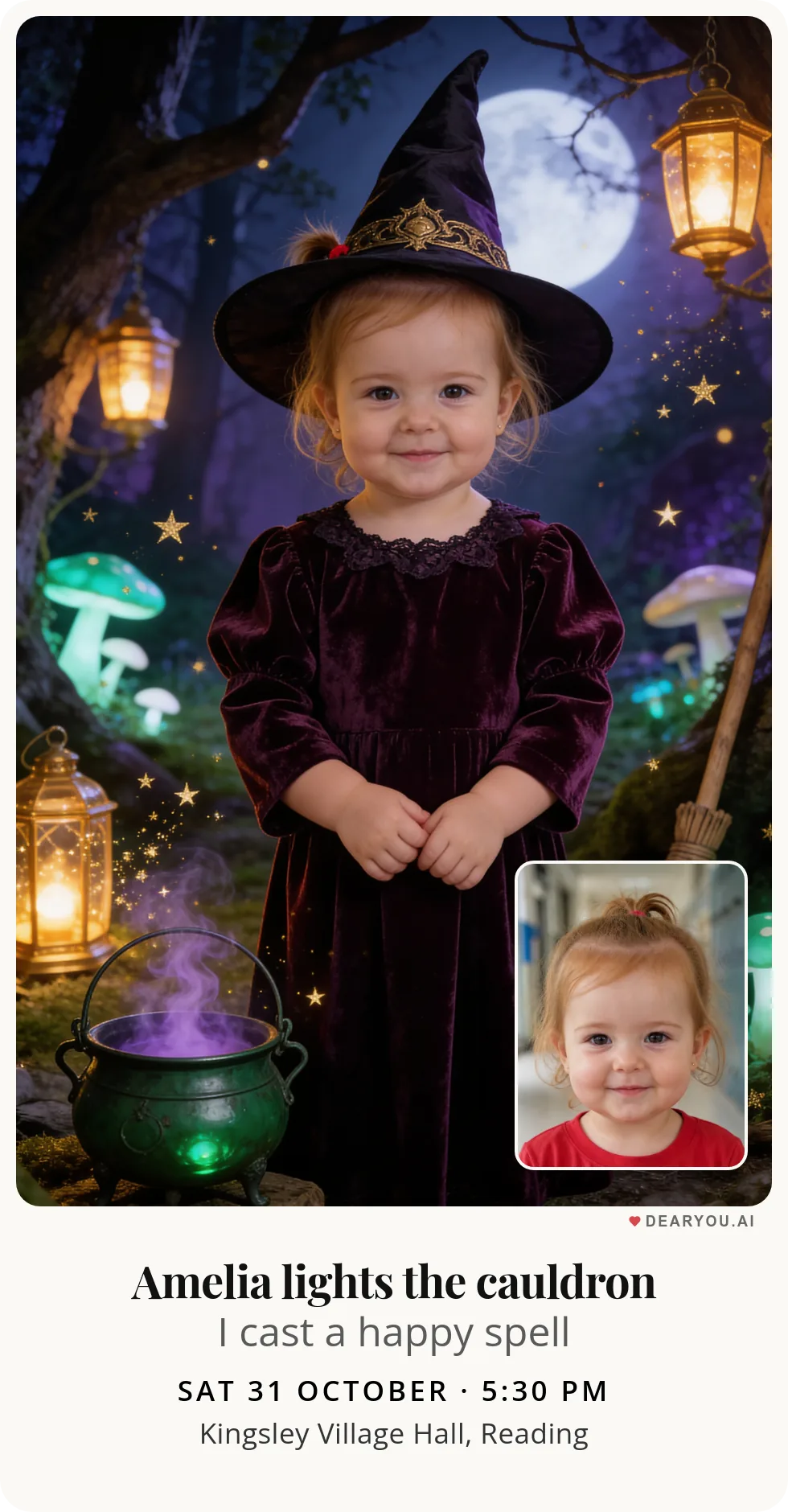 Personalised kids birthday invitation with the child's name and age, good witch in the magic forest theme