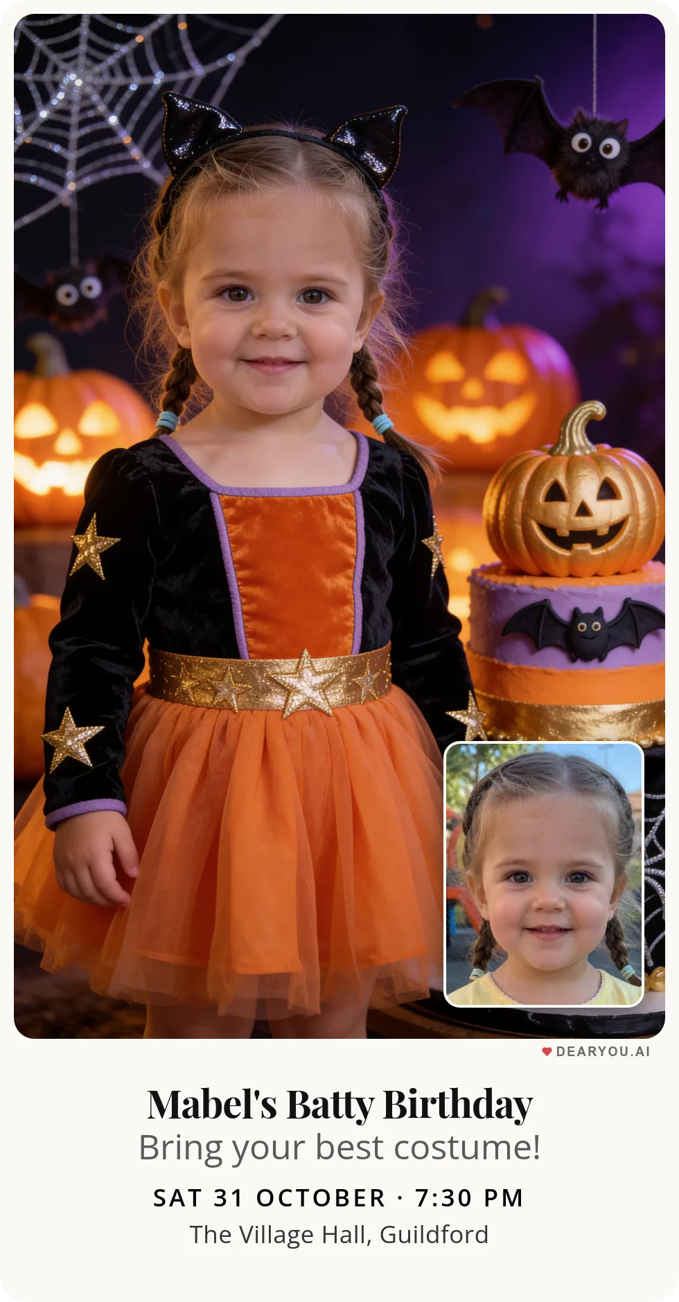 Personalised kids birthday invitation with the child's name and age, birthday Halloween with friendly bats theme