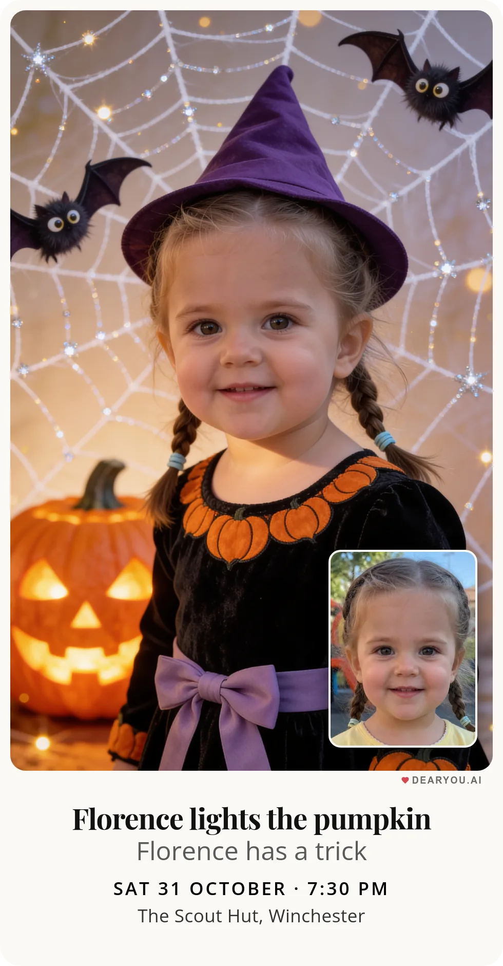 Personalised kids birthday invitation with the child's name and age, magical Halloween with gentle bats theme