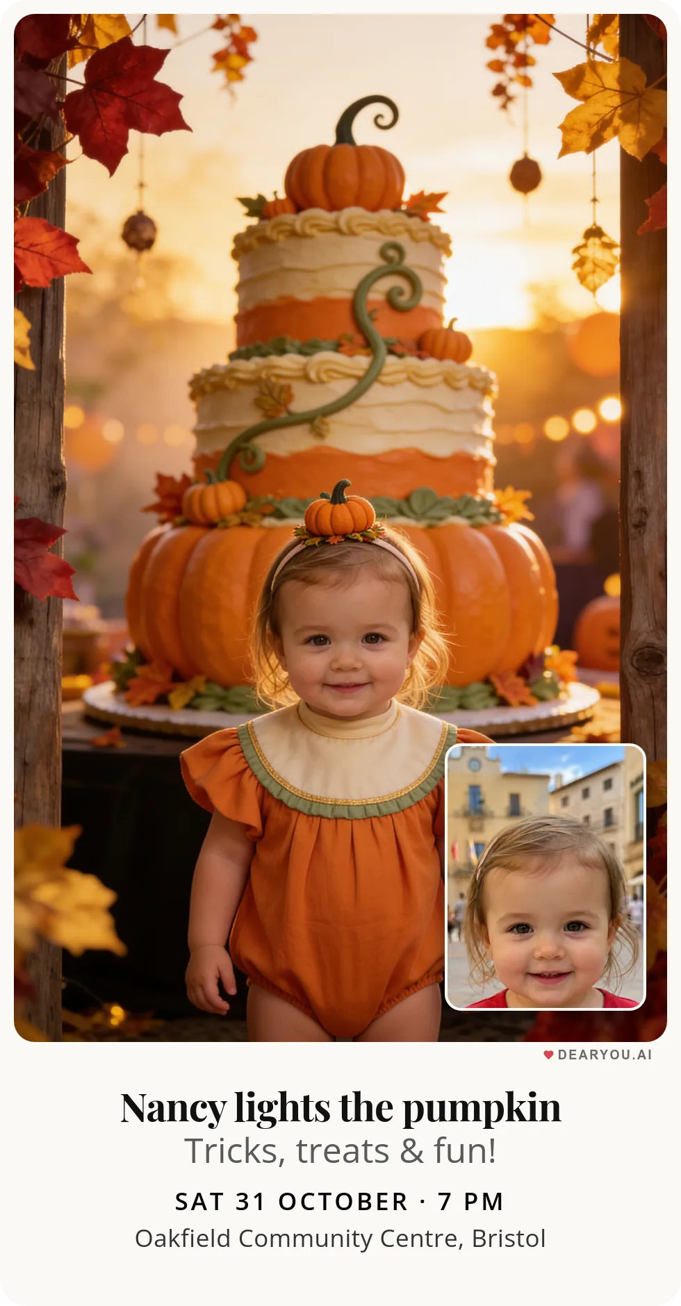 Personalised kids birthday invitation with the child's name and age, first birthday with a pumpkin cake theme