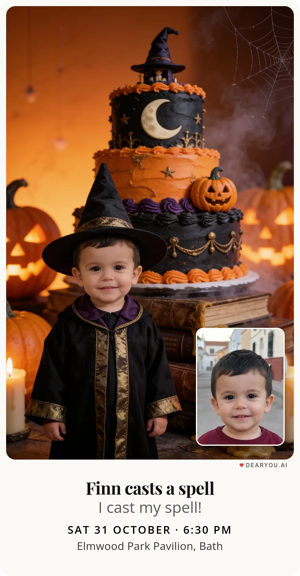 Personalised kids birthday invitation with the child's name and age, the little Halloween wizard's first birthday theme