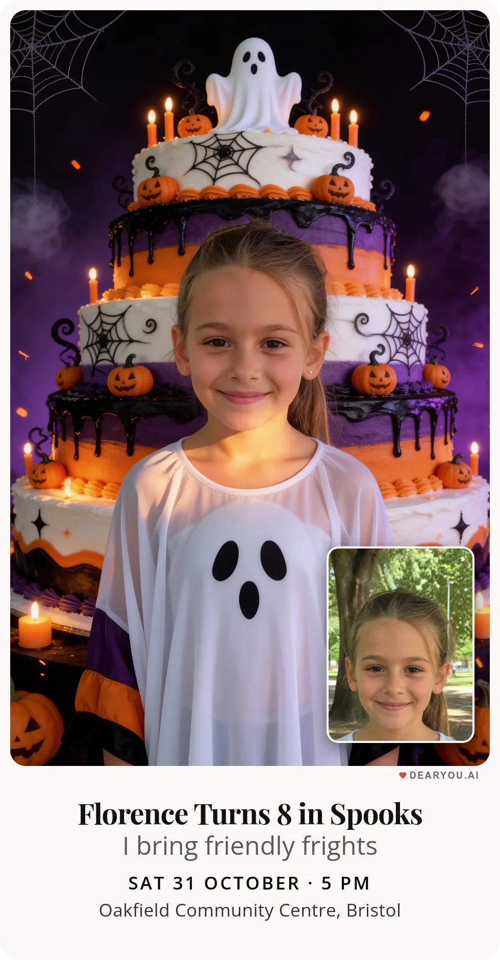 Personalised kids birthday invitation with the child's name and age, a ghost costume and a birthday cake theme