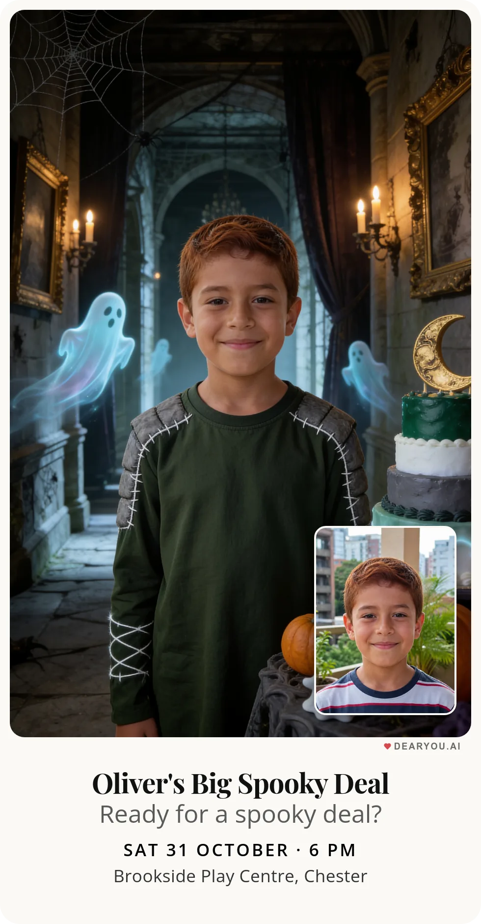 Personalised kids birthday invitation with the child's name and age, hide and seek in the haunted house theme