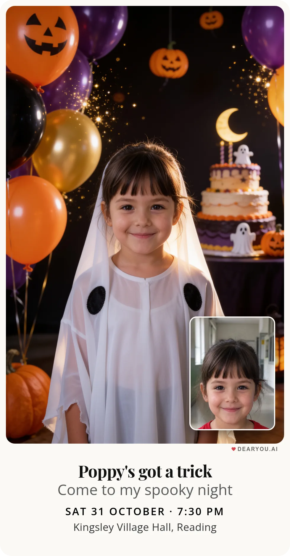 Personalised kids birthday invitation with the child's name and age, halloween ghosts with balloons theme