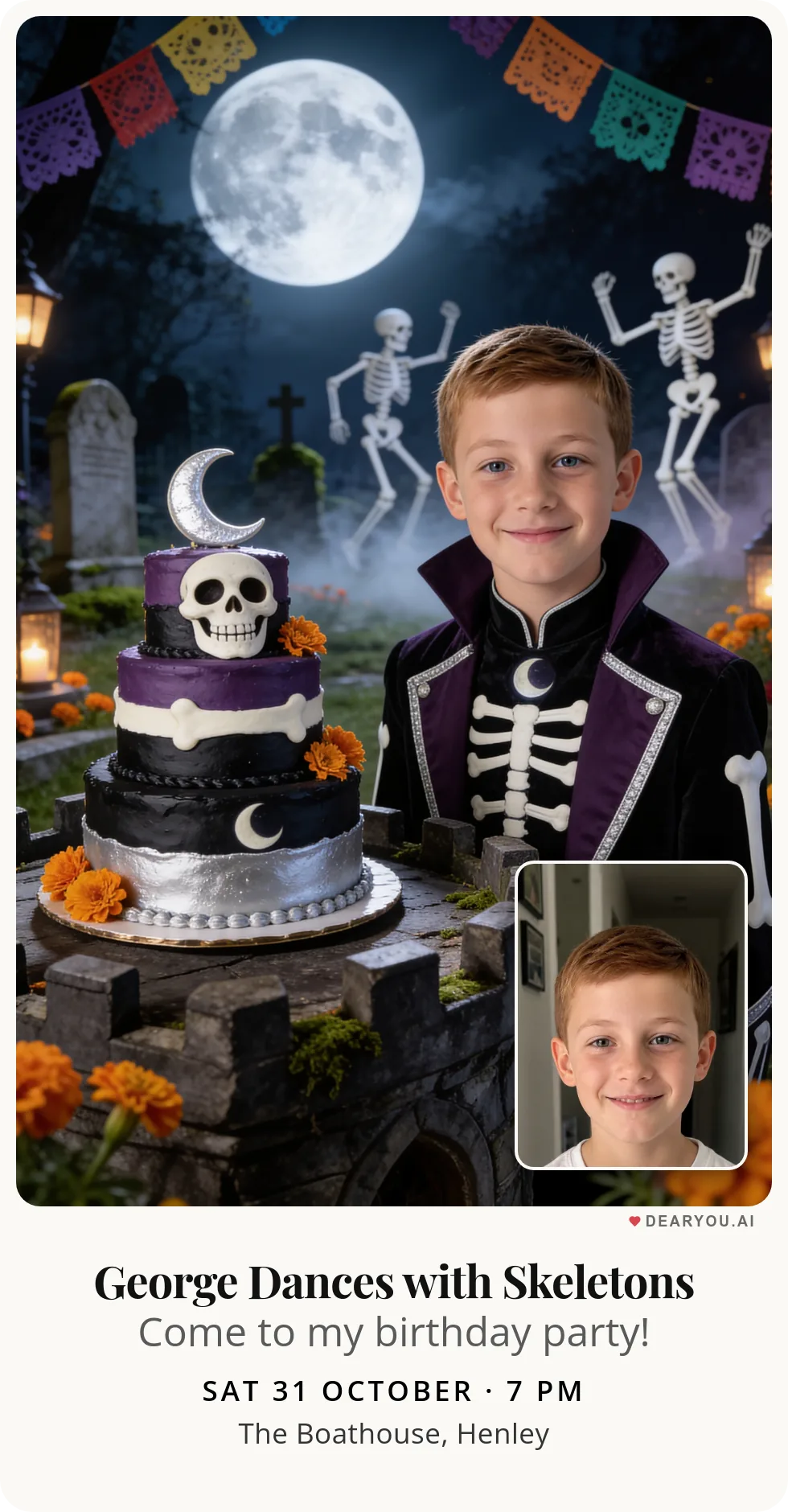Personalised kids birthday invitation with the child's name and age, dancing with friendly skeletons under the moon theme