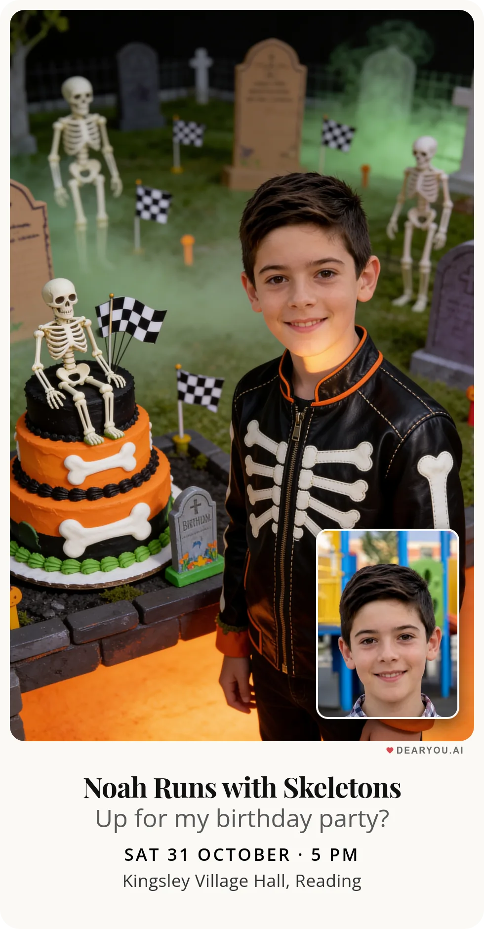 Personalised kids birthday invitation with the child's name and age, a skeleton race through the toy graveyard theme