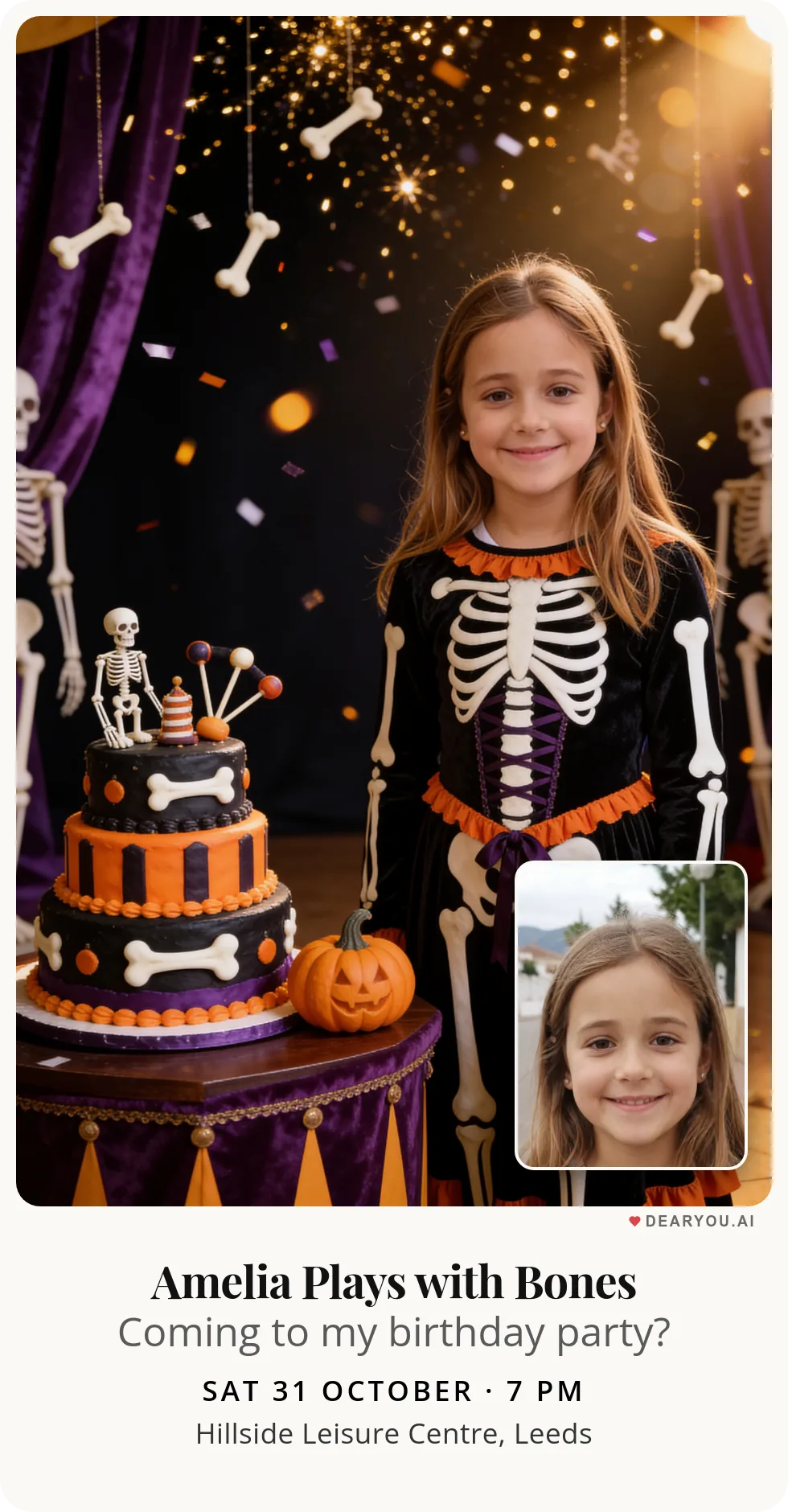 Personalised kids birthday invitation with the child's name and age, juggling skeletons theme