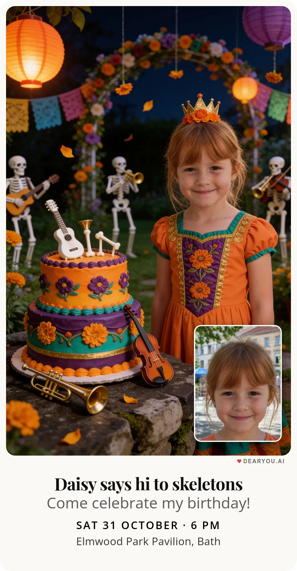 Personalised kids birthday invitation with the child's name and age, skeleton musicians in the lantern garden theme