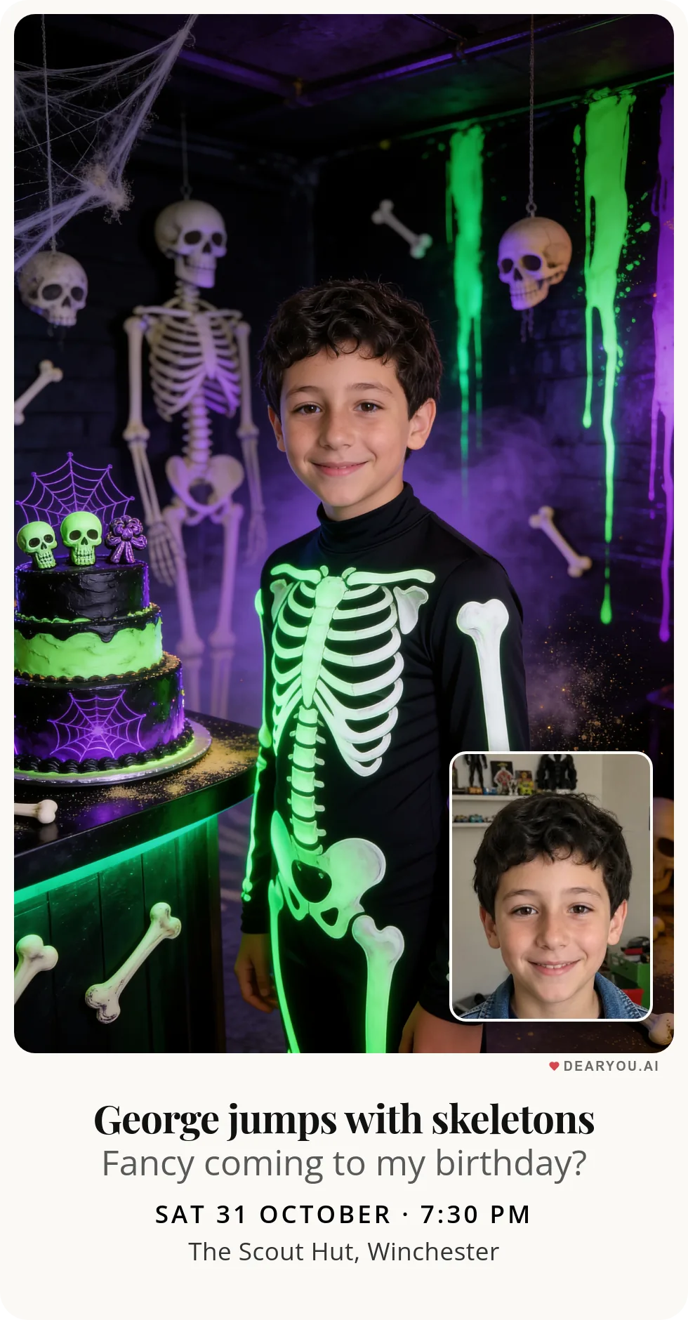 Personalised kids birthday invitation with the child's name and age, a glow-in-the-dark skeleton party theme
