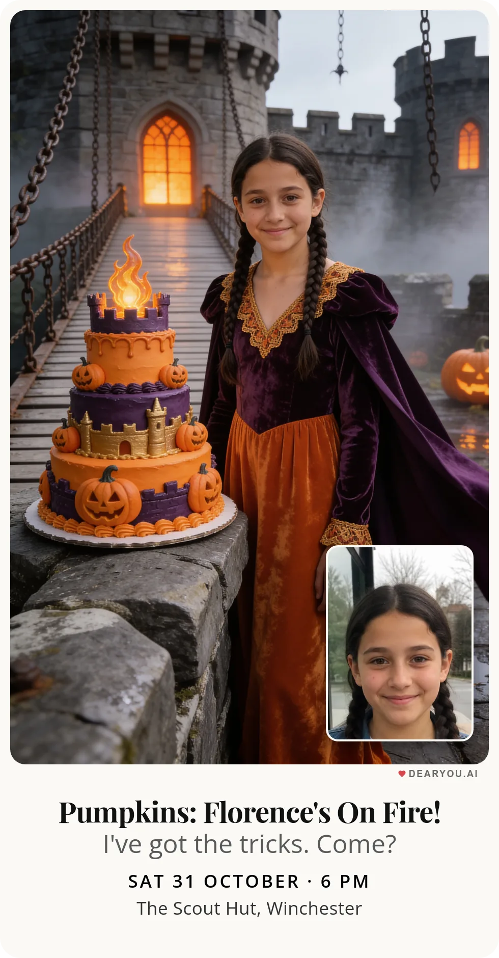 Personalised kids birthday invitation with the child's name and age, glowing pumpkins on the castle drawbridge theme