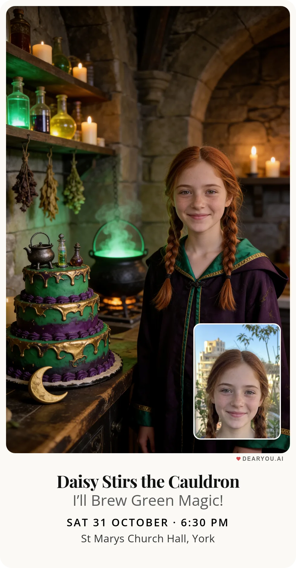 Personalised kids birthday invitation with the child's name and age, a bubbling potion cauldron in the castle kitchen theme