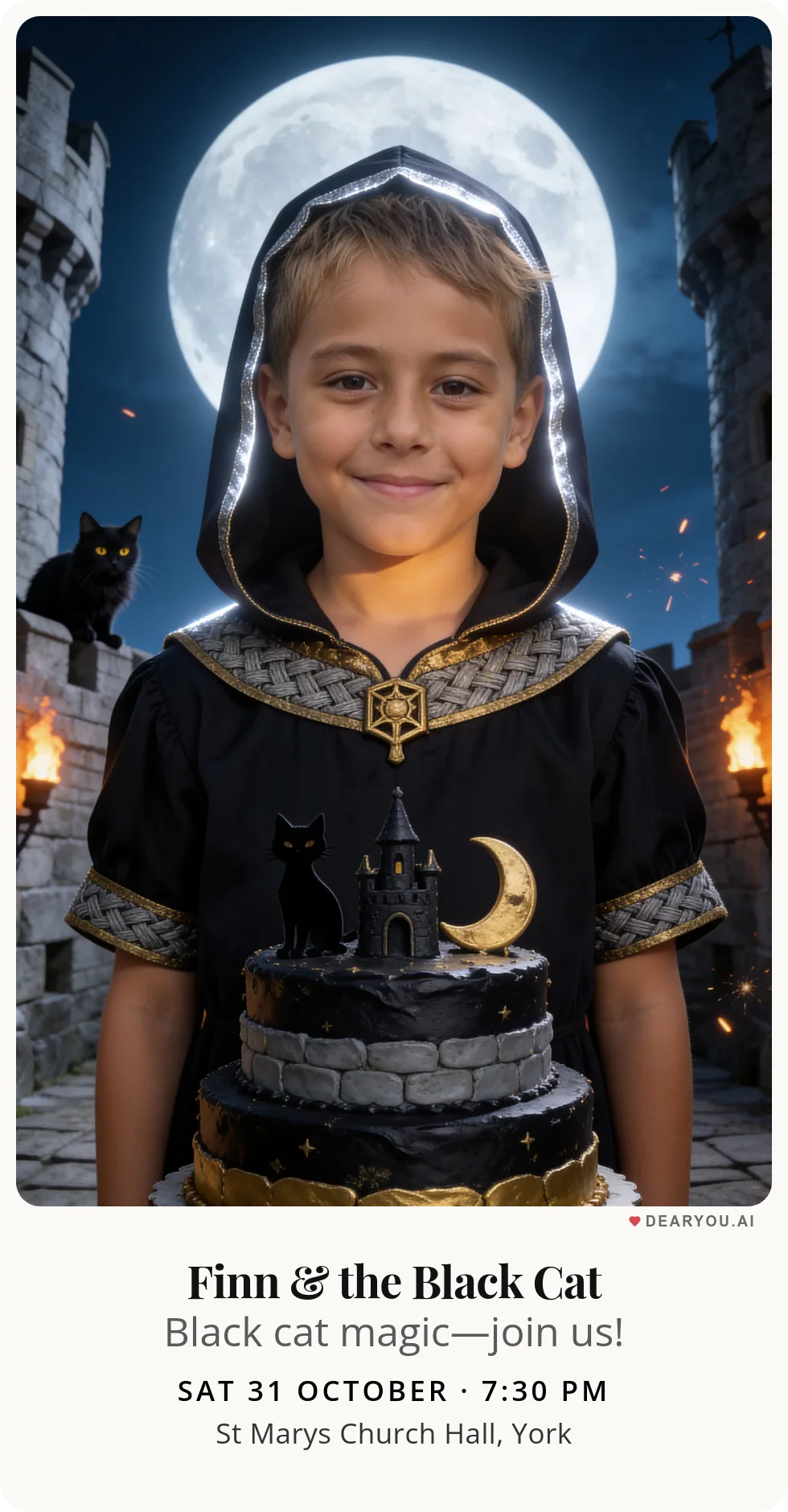 Personalised kids birthday invitation with the child's name and age, a black cat on the castle battlements theme
