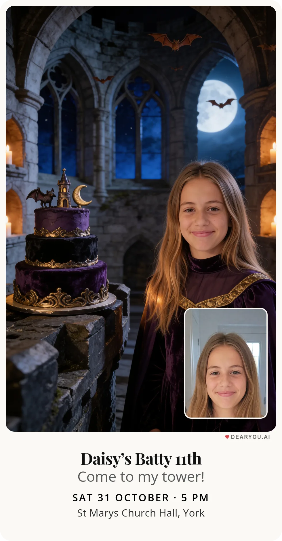 Personalised kids birthday invitation with the child's name and age, friendly bats in the castle tower theme