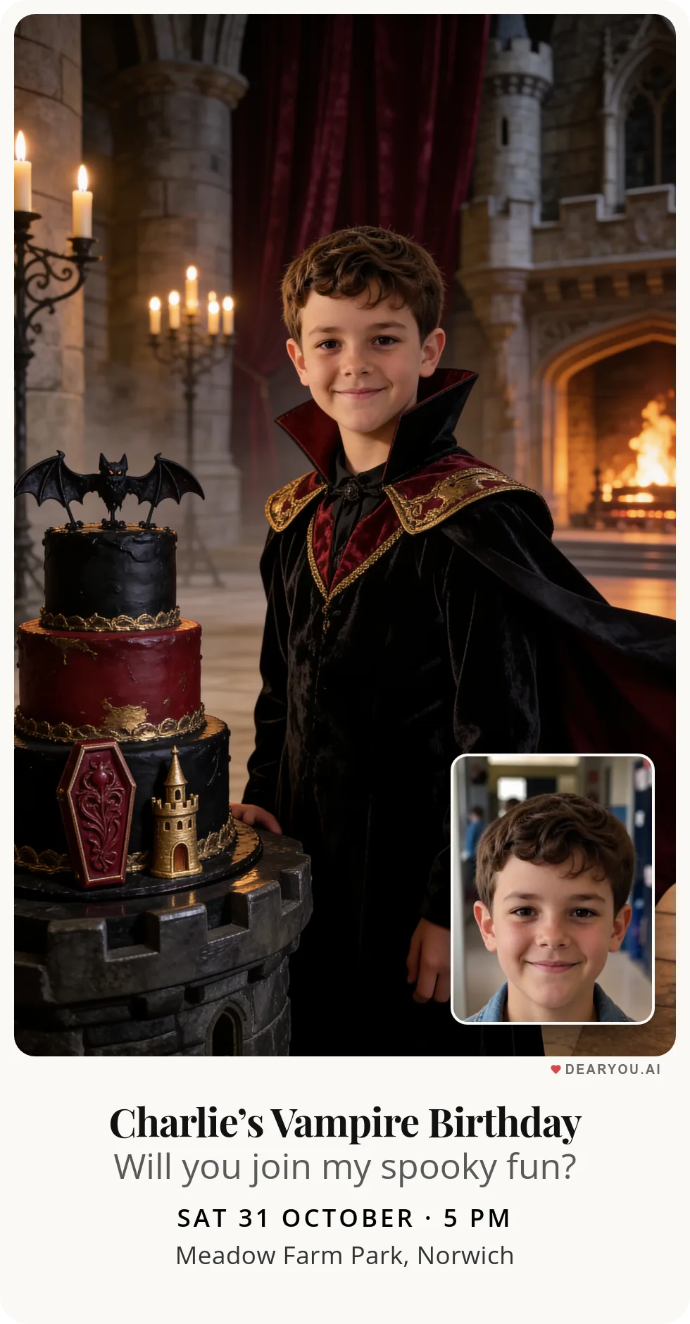 Personalised kids birthday invitation with the child's name and age, a vampire in the castle's great hall theme