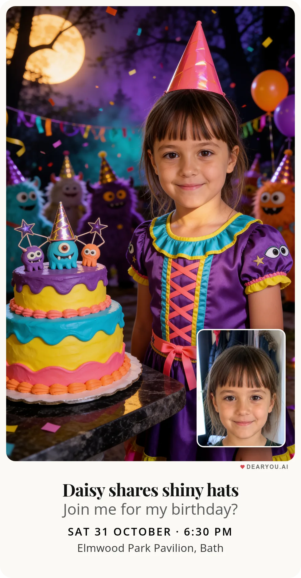Personalised kids birthday invitation with the child's name and age, little monster parade in party hats theme