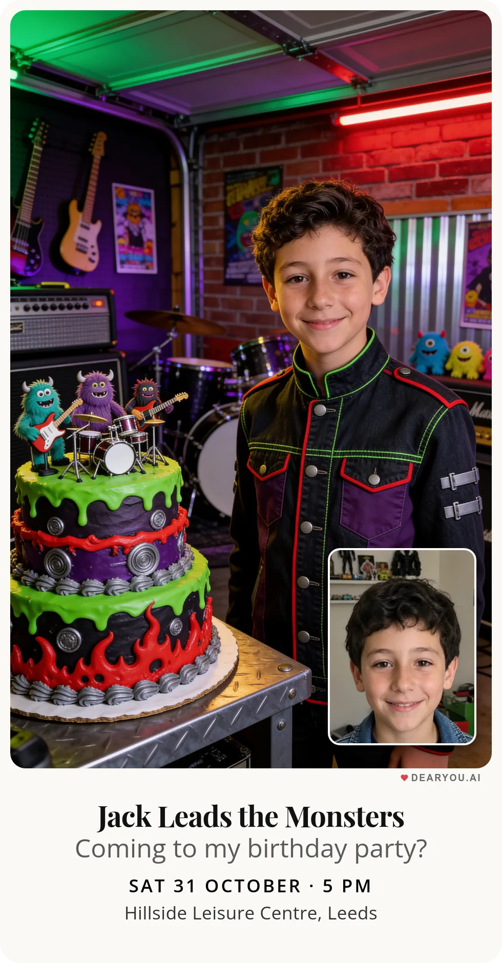 Personalised kids birthday invitation with the child's name and age, little monster band playing in the garage theme