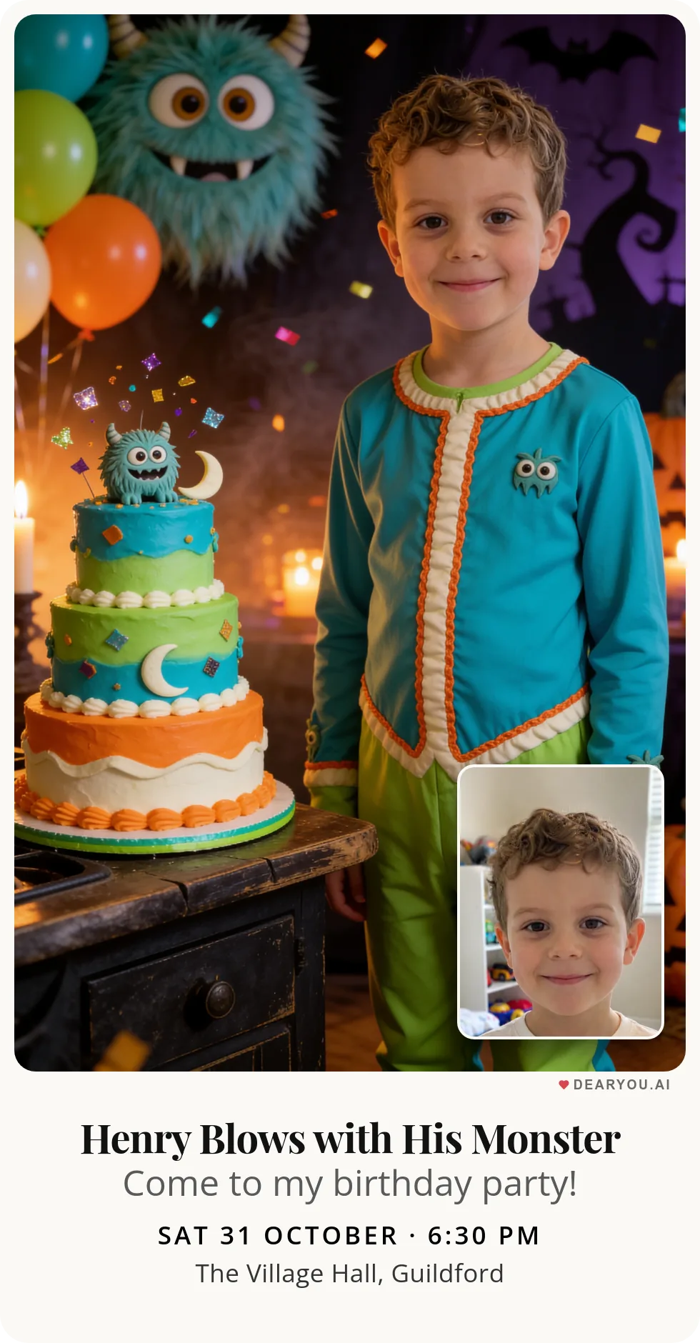 Personalised kids birthday invitation, furry three-eyed little monster blowing out candles theme