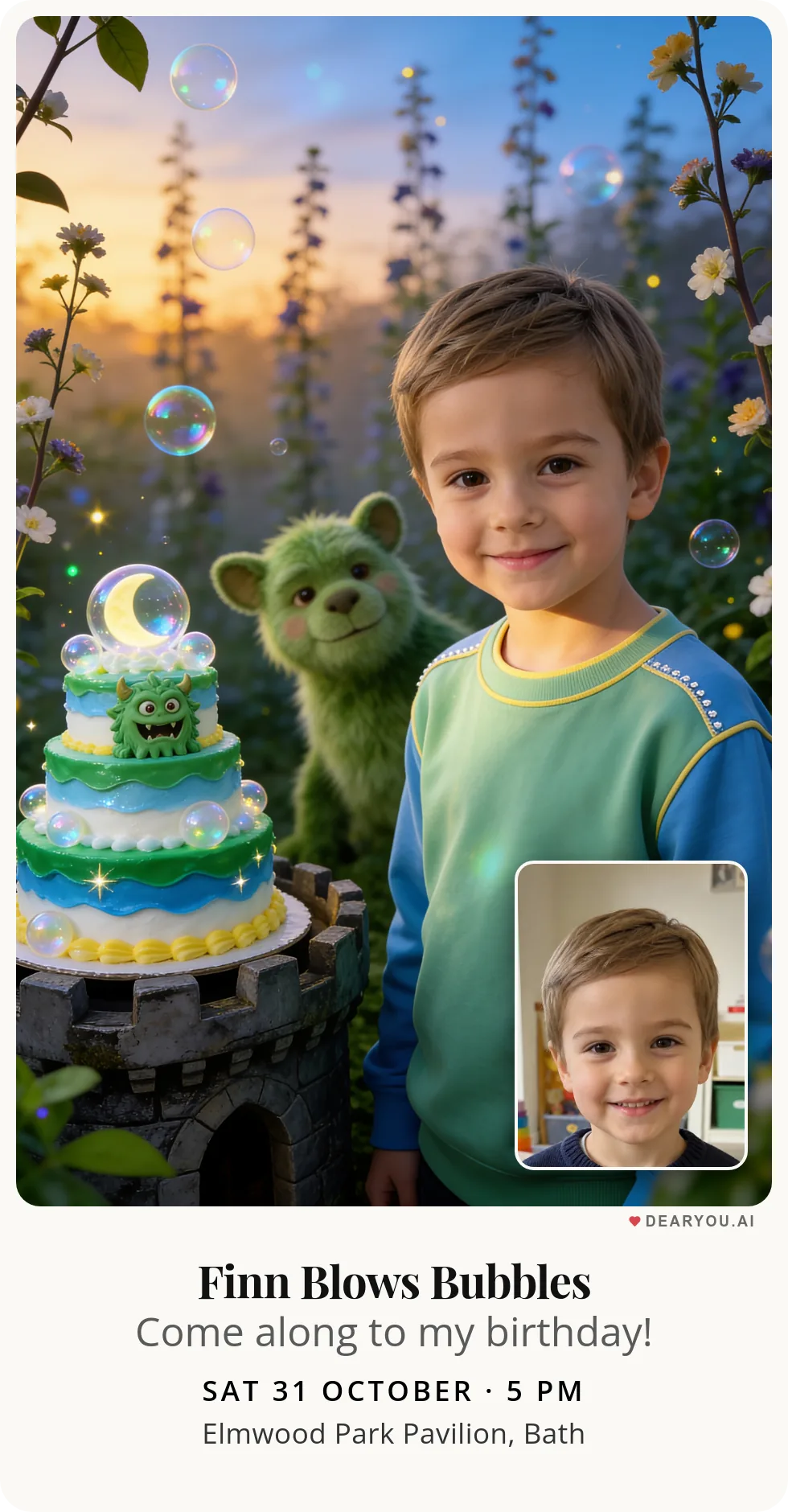 Personalised kids birthday invitation with the child's name and age, green little monster blowing bubbles theme