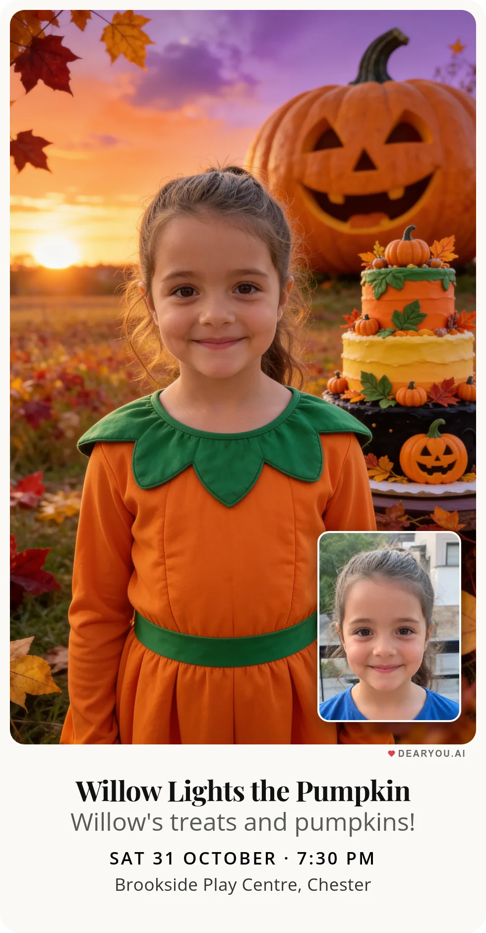 Personalised kids birthday invitation with the child's name and age, a giant laughing pumpkin theme