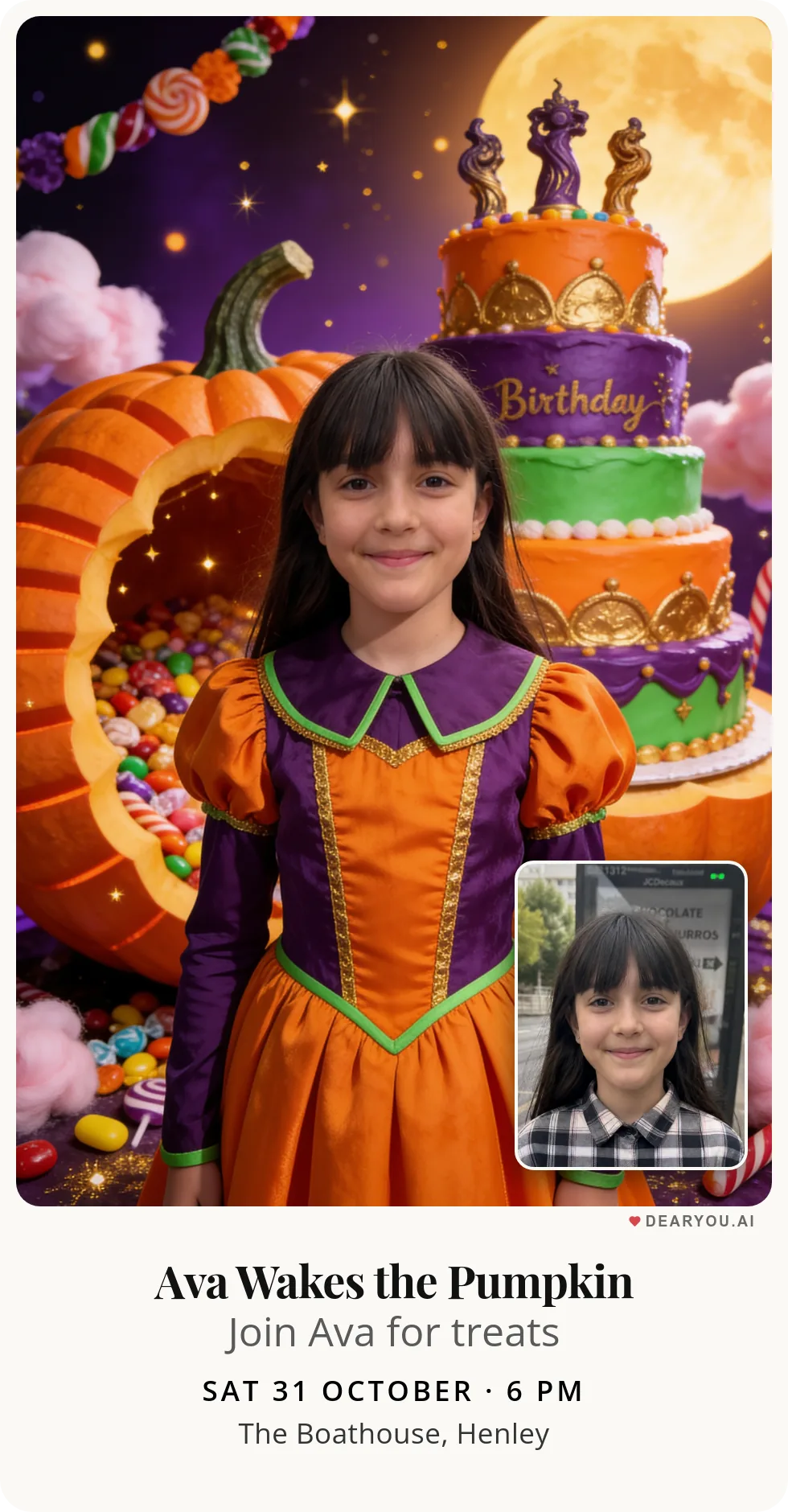 Personalised kids birthday invitation with the child's name and age, a magic pumpkin full of sweets theme