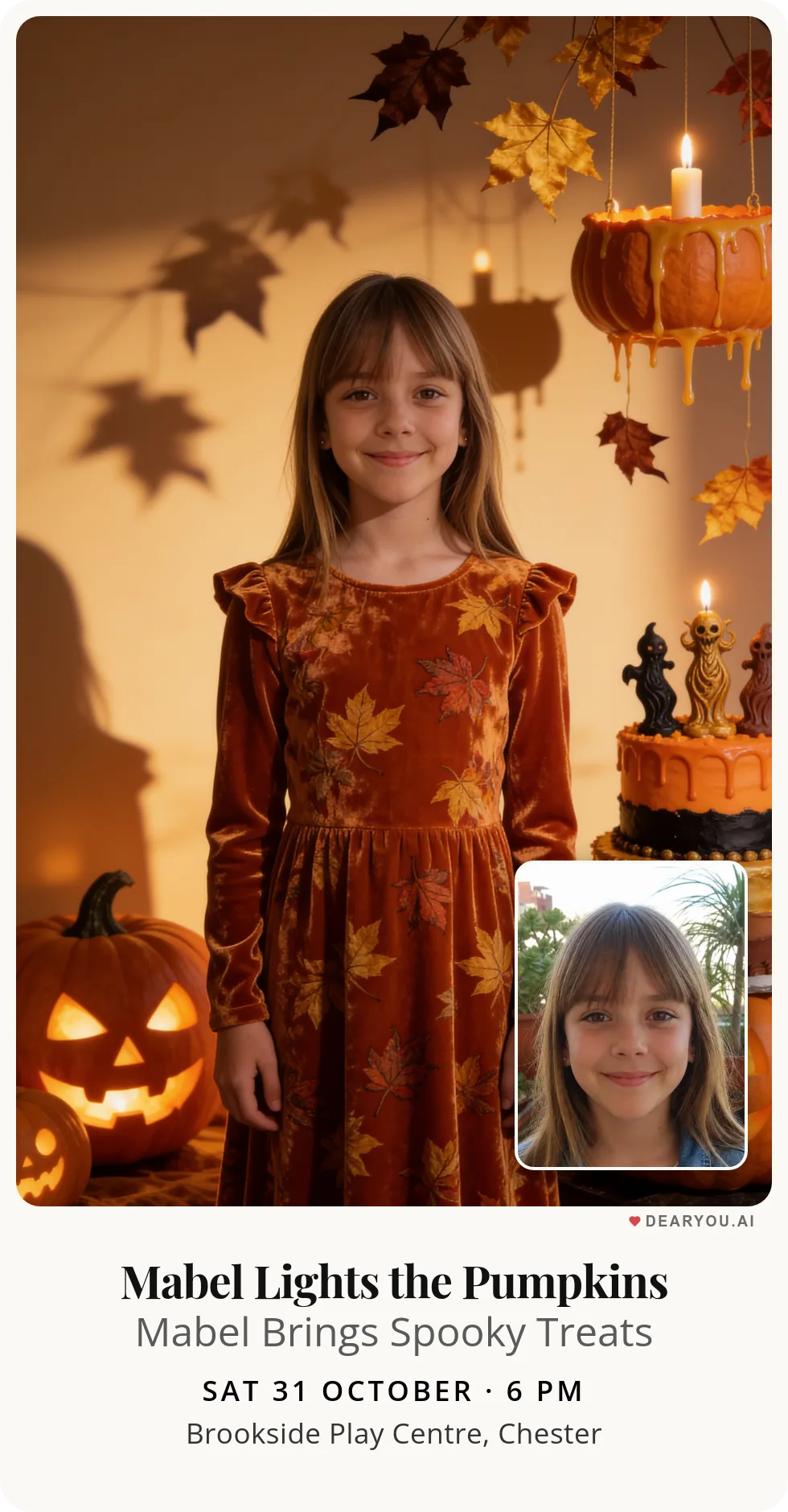 Personalised kids birthday invitation with the child's name and age, a carved pumpkin among dry leaves theme