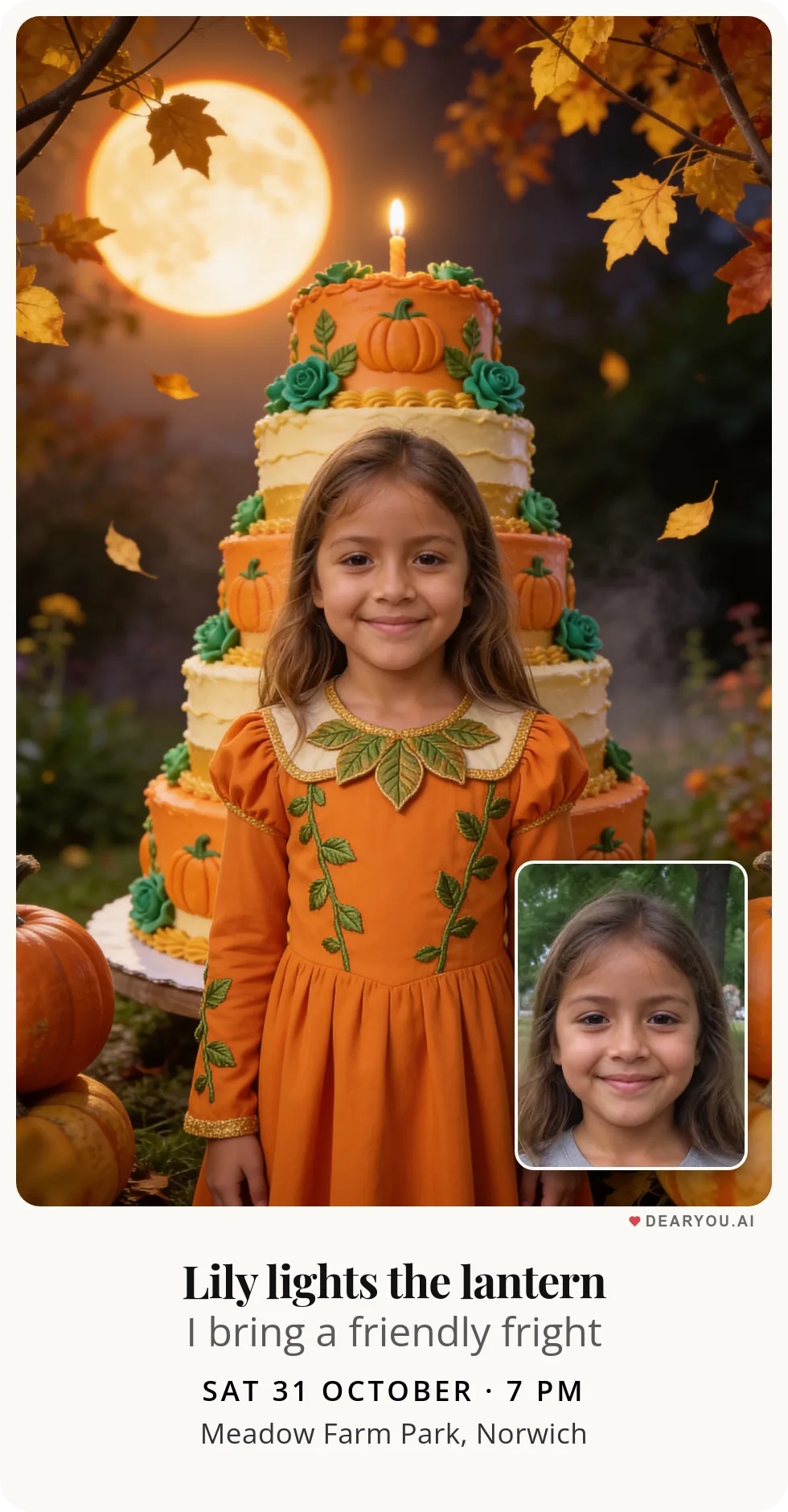 Personalised kids birthday invitation with the child's name and age, a pumpkin beside a two-tier cake theme