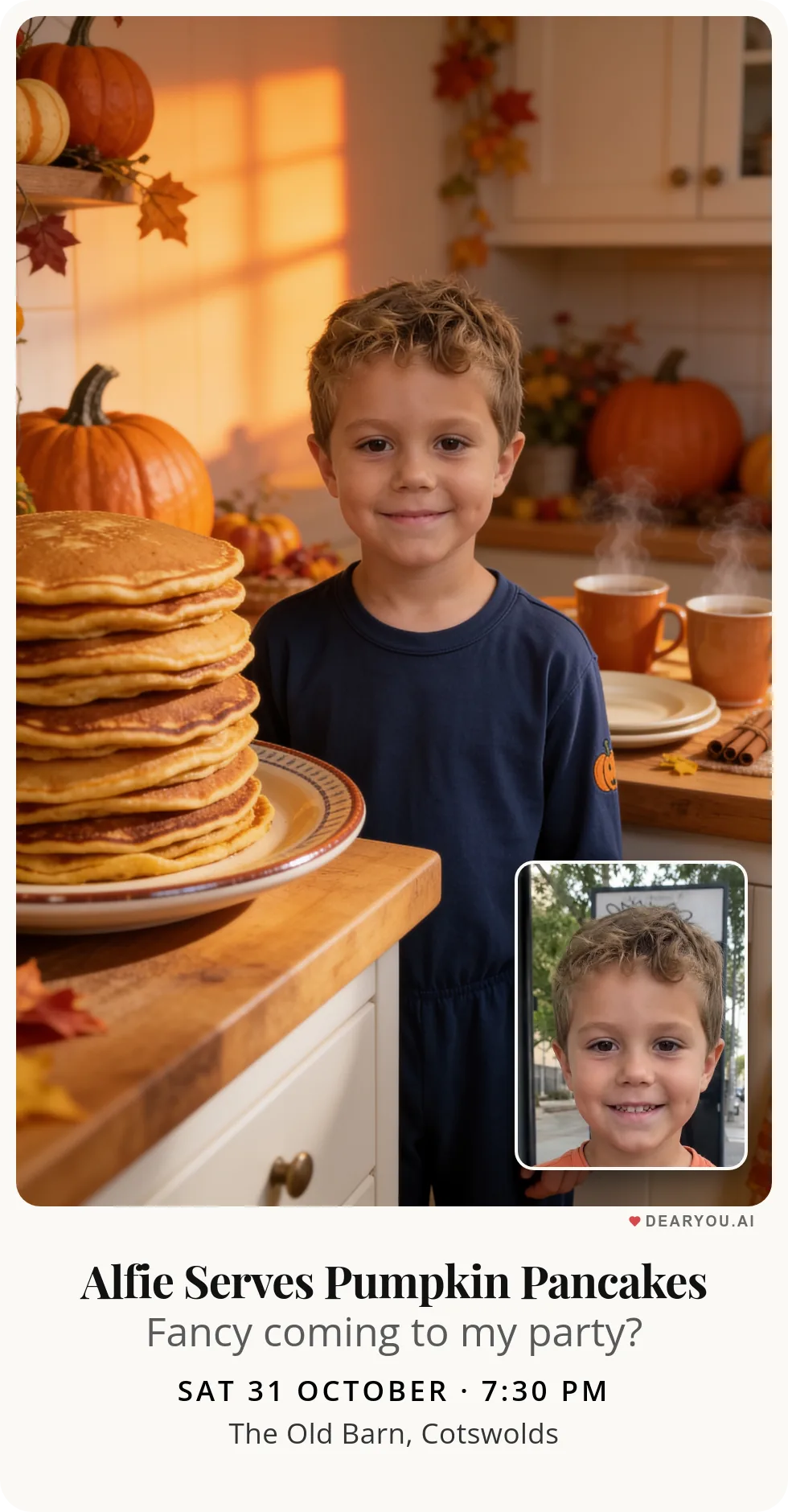 Personalised kids birthday invitation with the child's name and age, pumpkin pancake breakfast in pyjamas theme