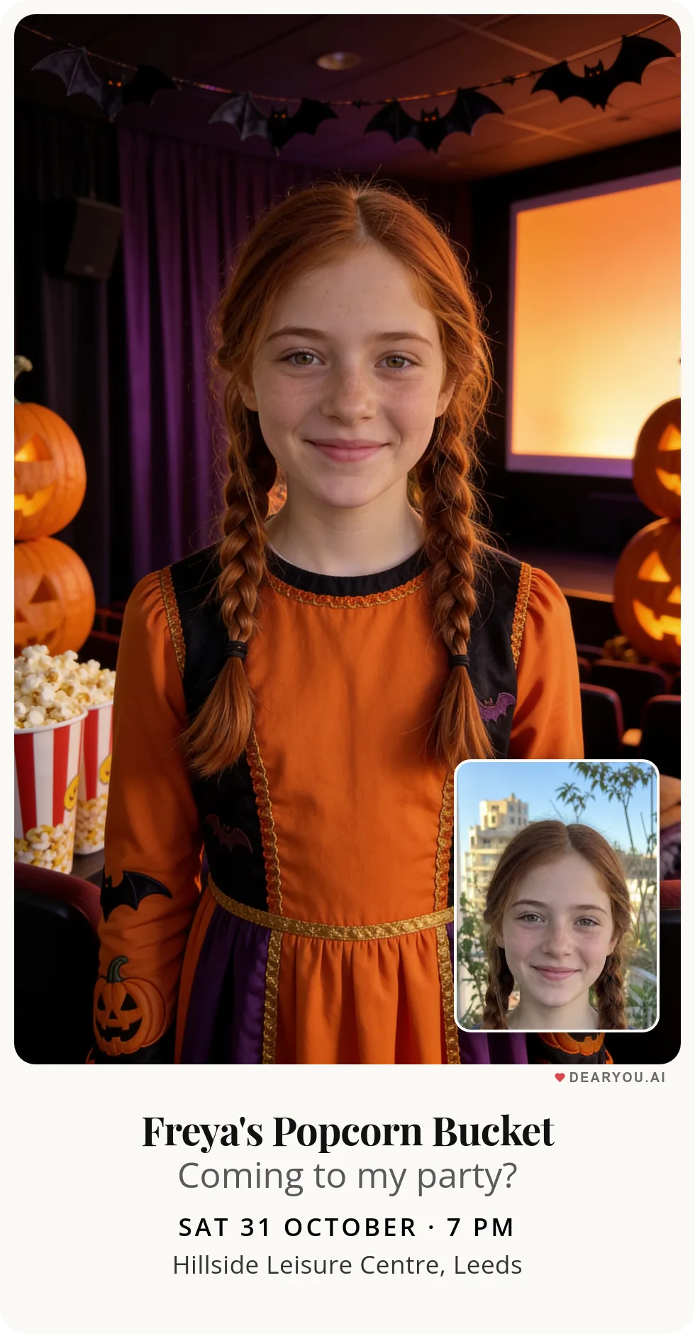 Personalised kids birthday invitation with the child's name and age, halloween film marathon with popcorn theme