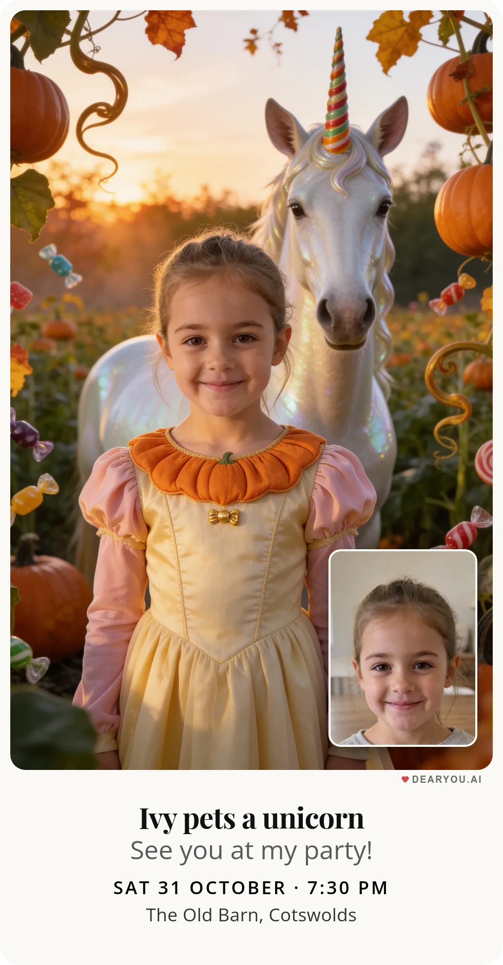 Personalised kids birthday invitation, unicorn with a boiled-sweet horn in a pumpkin patch theme