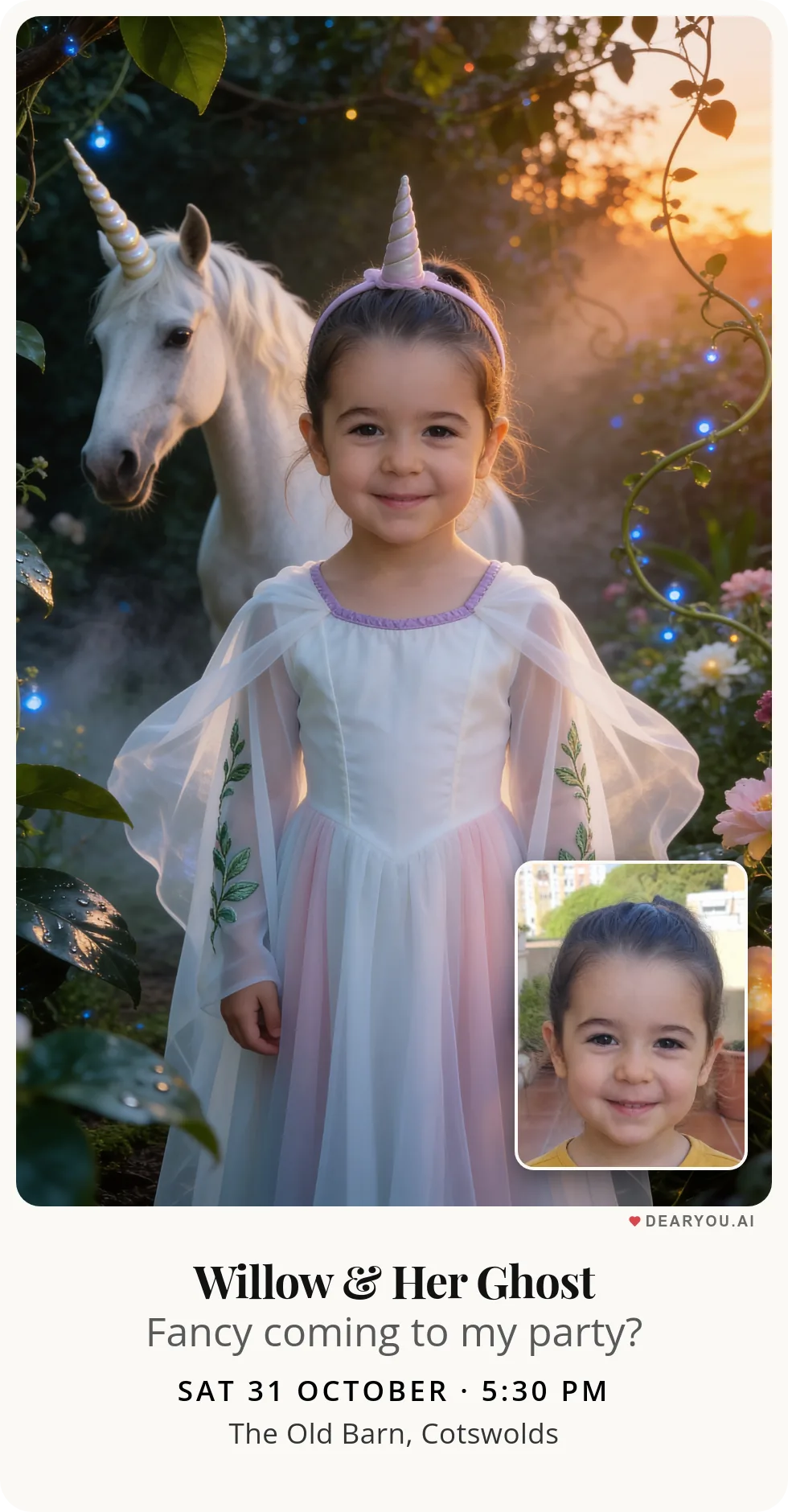 Personalised kids birthday invitation with the child's name and age, unicorn dressed as a ghost in the garden theme