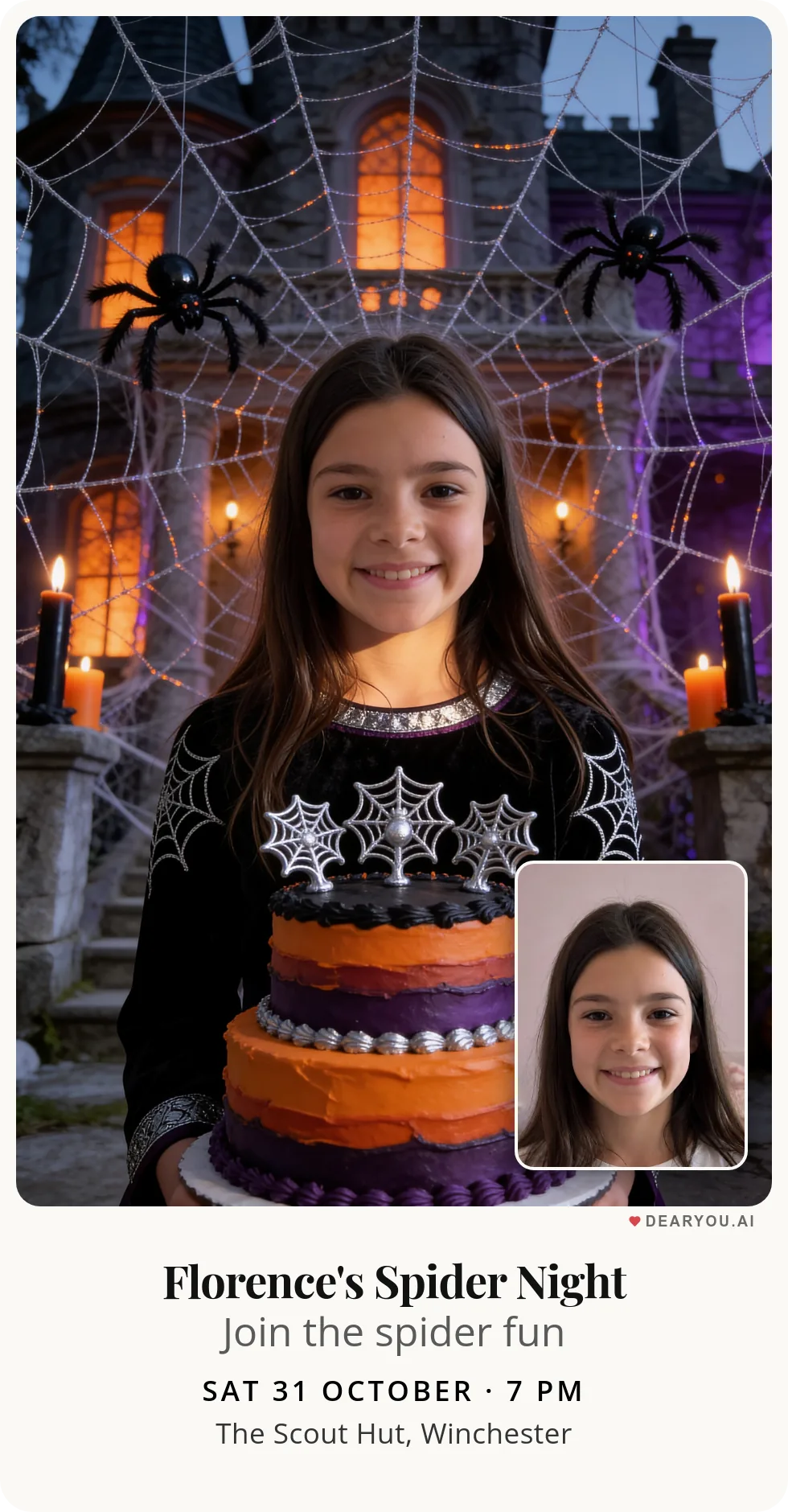 Personalised kids birthday invitation with the child's name and age, halloween spiders theme