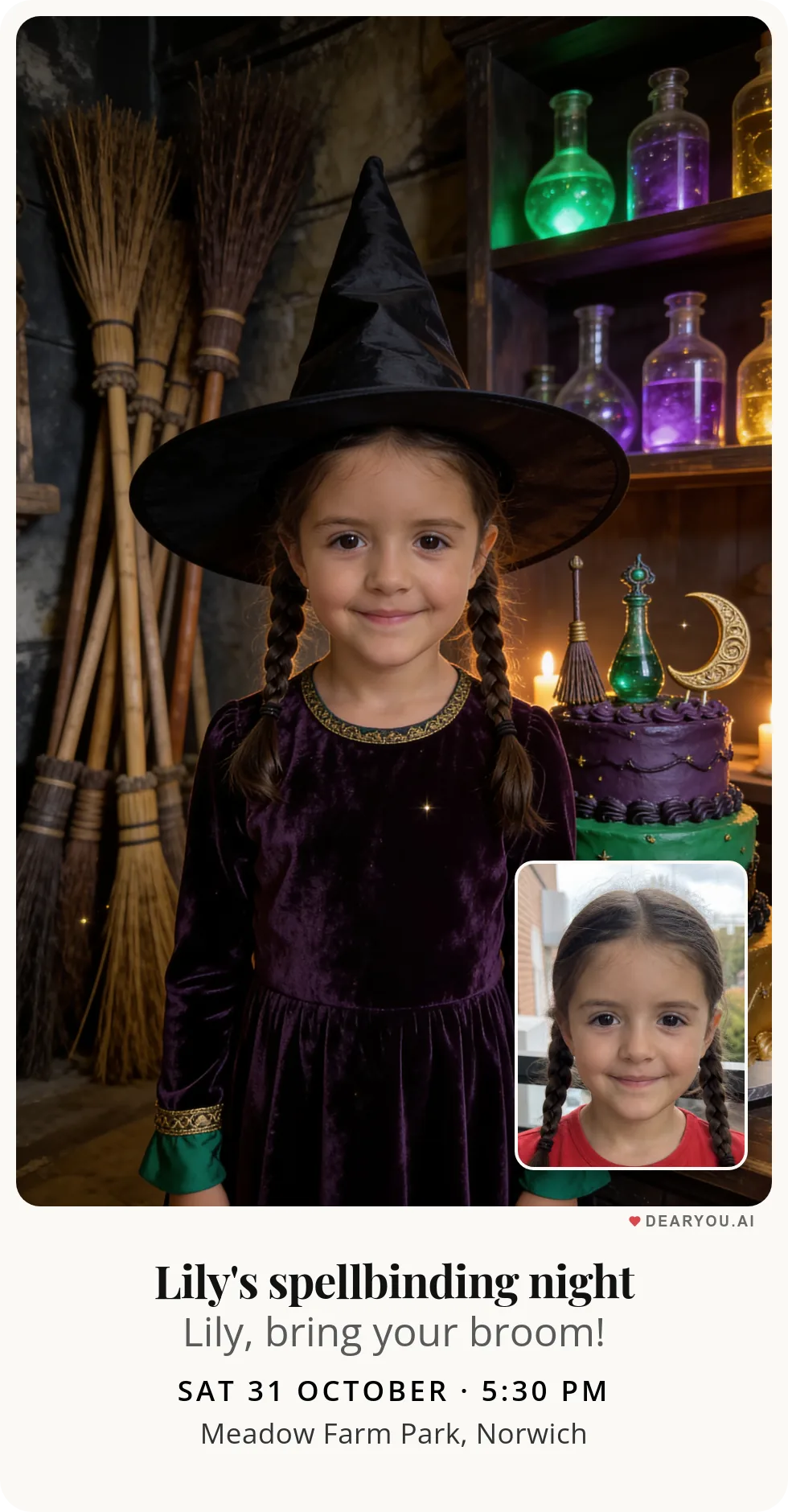 Personalised kids birthday invitation with the child's name and age, a witch in the magic broom shop theme