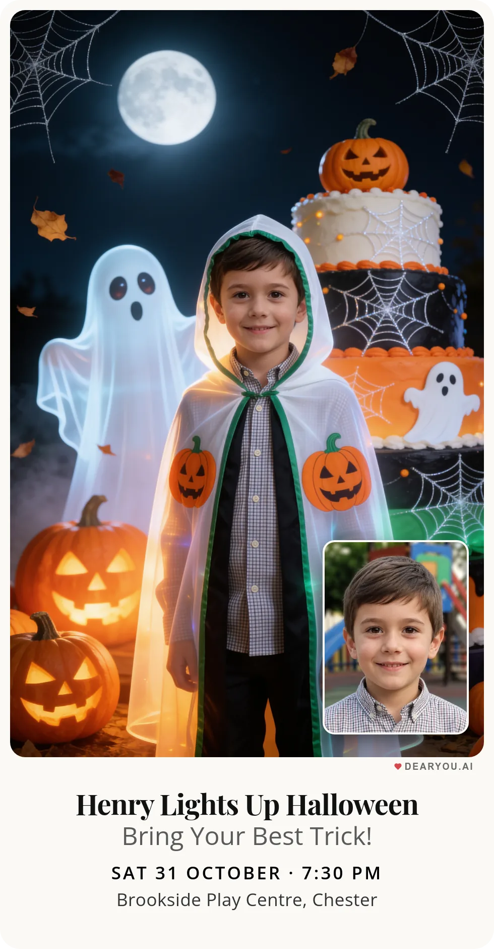 Personalised kids birthday invitation with the child's name and age, my friendly Halloween ghost theme