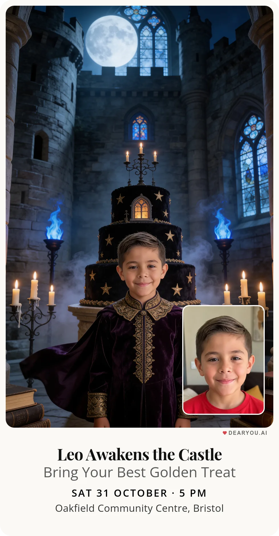 Personalised kids birthday invitation with the child's name and age, the hall of shadows in the haunted castle theme