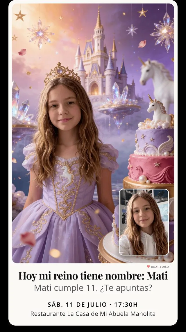 Unicorn princess-themed invitation